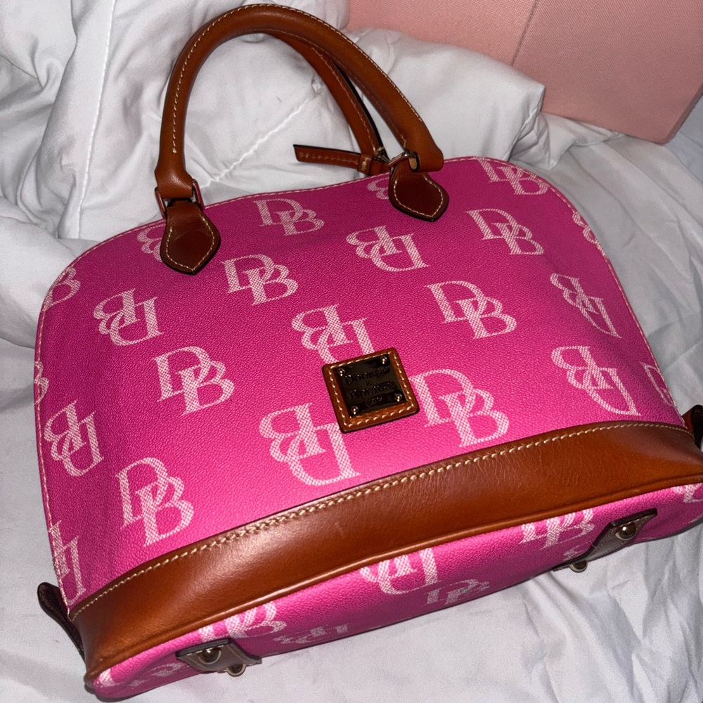 Dooney & Bourke Pink and Brown Satchel with Monogram Print
